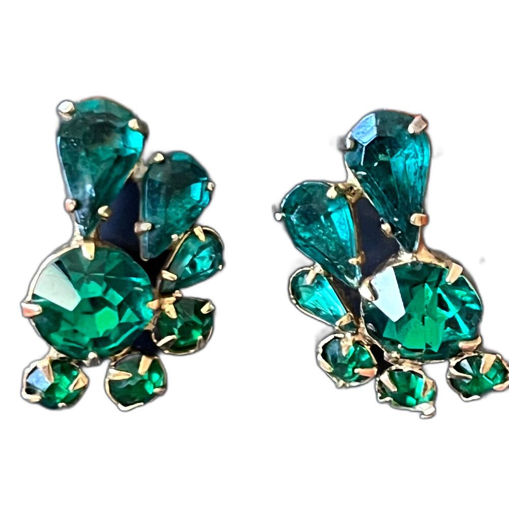 Clip On Vintage Earrings Emerald Green Feather Leaf Motif Rhinestone Earrings